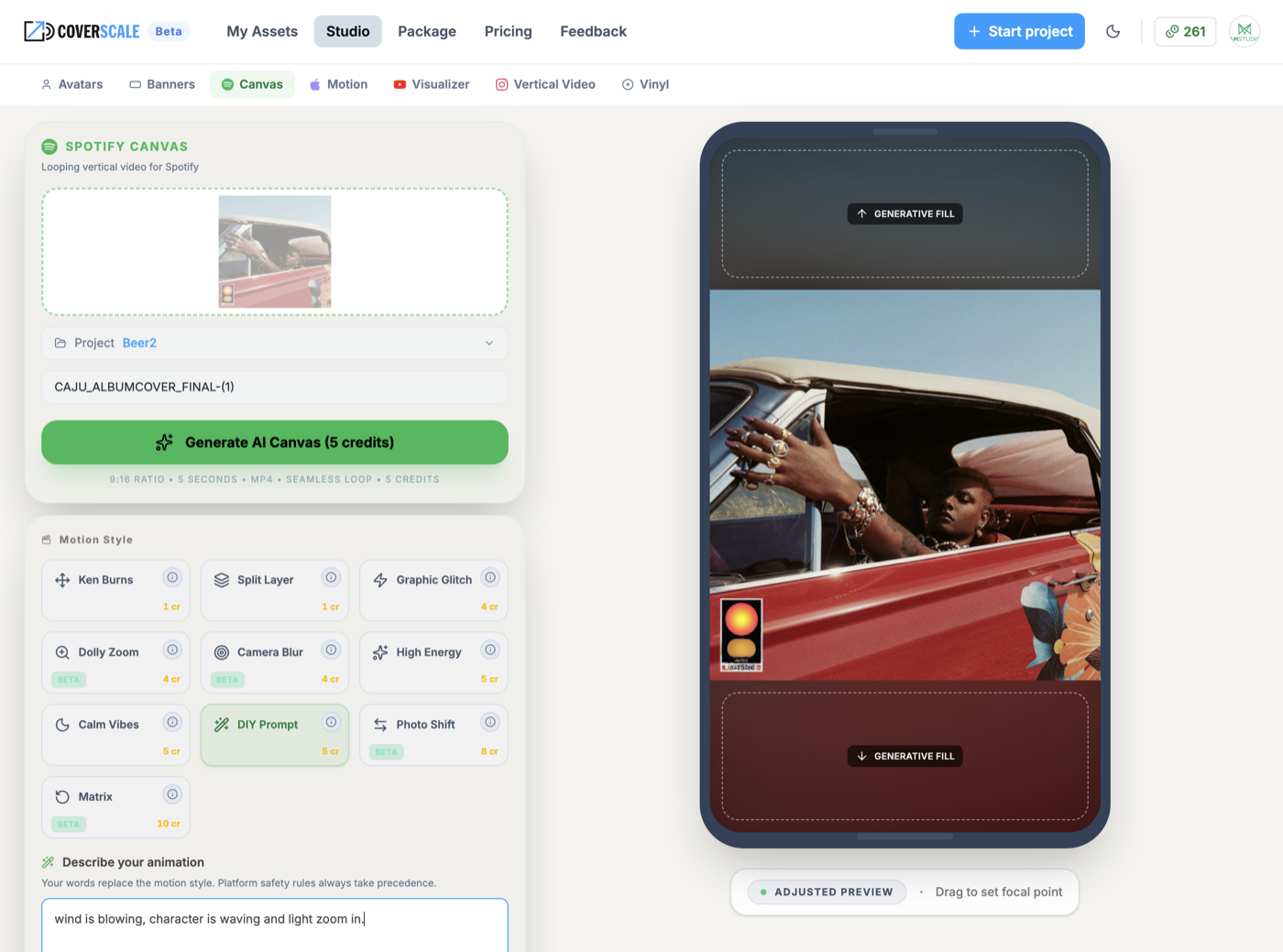 Generate — CoverScale creates every asset automatically — Canvas, Motion, Visualizer, Reels, Avatars, Banners.
